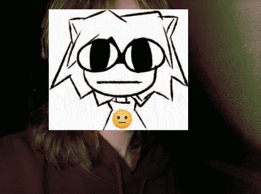 picture of me with an image of neco arc covering my face; taken at my last theater production
